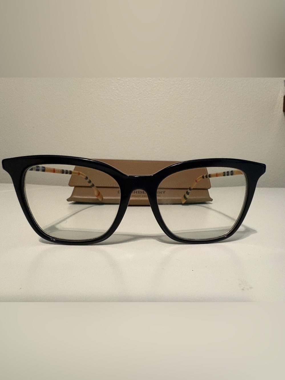 Burberry Black Frame Eyeglasses with Burberry Check Temples - Picture 2 of 8